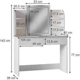 Vicco Schminktisch Charlotte Weiß, 106 cm mit LED-Spiegel und QI-Ladestation