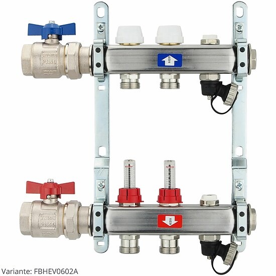 Fußbodenheizungsverteiler aus Edelstahl mit Topmeter für 2 Heizkreise - mit Anschlussset waagrecht