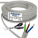 Installationskabel NYM-J 3x1,5 mm2 - Kunststoff Installationsleitung - 50m / 50 m / 50 meter -PVC - grau