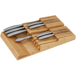 Relaxdays Messerhalter Schublade, für 16 Messer & Wetzstahl, Bambus Messerblock liegend, HxBxT: 5,5 x 24 x 40 cm, natur