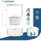 Wessper Wasserfilterkanne aus Glas 3.L Kompatibel mit Brita-Wasserfilterkartuschen, Inklusive 4 Wasserfilter-Kartusche, Weiß - Weiß