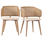 SeedWave Esszimmerstuhl Ergonomische Rattan-Diningstühle mit Armlehnen, Set aus 2, PE-Imitationsrattan, PU-Lederkissen, rutschfeste Bodenschutzpads beige