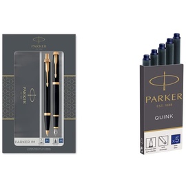Parker IM Duo-Geschenkset mit Kugelschreiber und Füller | Hochglänzend Schwarz mit Goldzierteilen | Nachfüllmine und -patrone mit blauer Tinte | Geschenkbox,