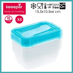 Keeeper - 5er-Set Lunchboxen, 5x500ml, 15,5x10,5x6cm, Fredo Fresh, Transparent Blau
