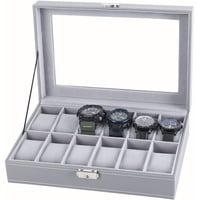 LIANTRAL Uhrenbox mit 12 Schlitzen, Leder, Uhren-Organizer für Herren, Glasplatte (grau)