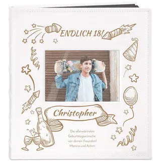 Maverton Fotoalbum zum Selbstgestalten mit Bildausschnitt mit Gravur - für 240 Fotos 10x15-60 schwarze Seiten - Größe 33x30cm - Weiß - personalisierte Geschenke - Geburtstagsgeschenk für Herren