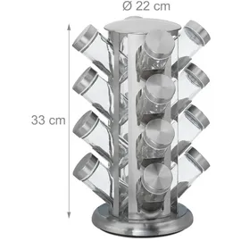 Relaxdays Gewürzkarussell, mit 16 Gewürzgläsern, 360° drehbar, Edelstahl, Glas, HxD 33 x 22 cm, Gewürzregal rund, silber