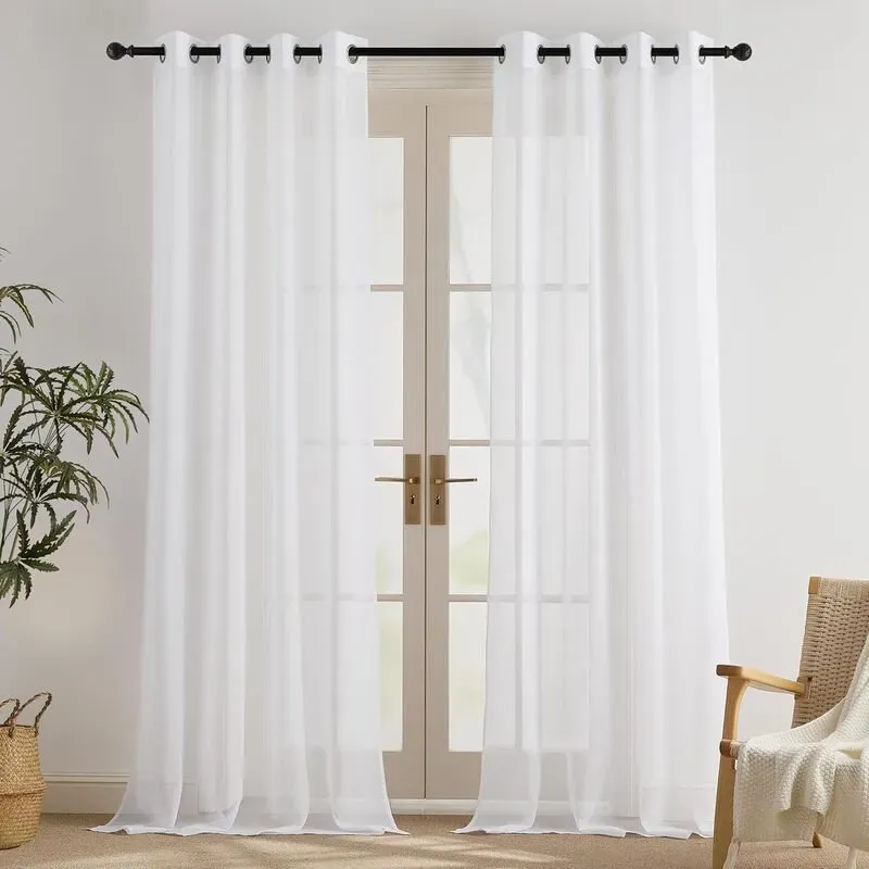 PONY DANCE Transparente Leinenoptik-Vorhänge mit Ösen, 2 Paneele B140 x L245 cm, Weiß