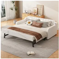 MODFU Schlafsofa Polsterbett Daybett Tagesbett Einzelbett Kinderbett Jugendbett, Schlafsofa mit ausziehbarem Rollbett und USB-Anschluss, ohne Matratze beige