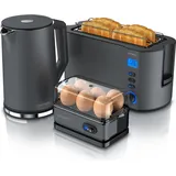 Arendo 3-teiliges Frühstücksset, Wasserkocher ELEGANT 1,5l, 4-Scheiben Toaster, 6er Eierkocher, Grau
