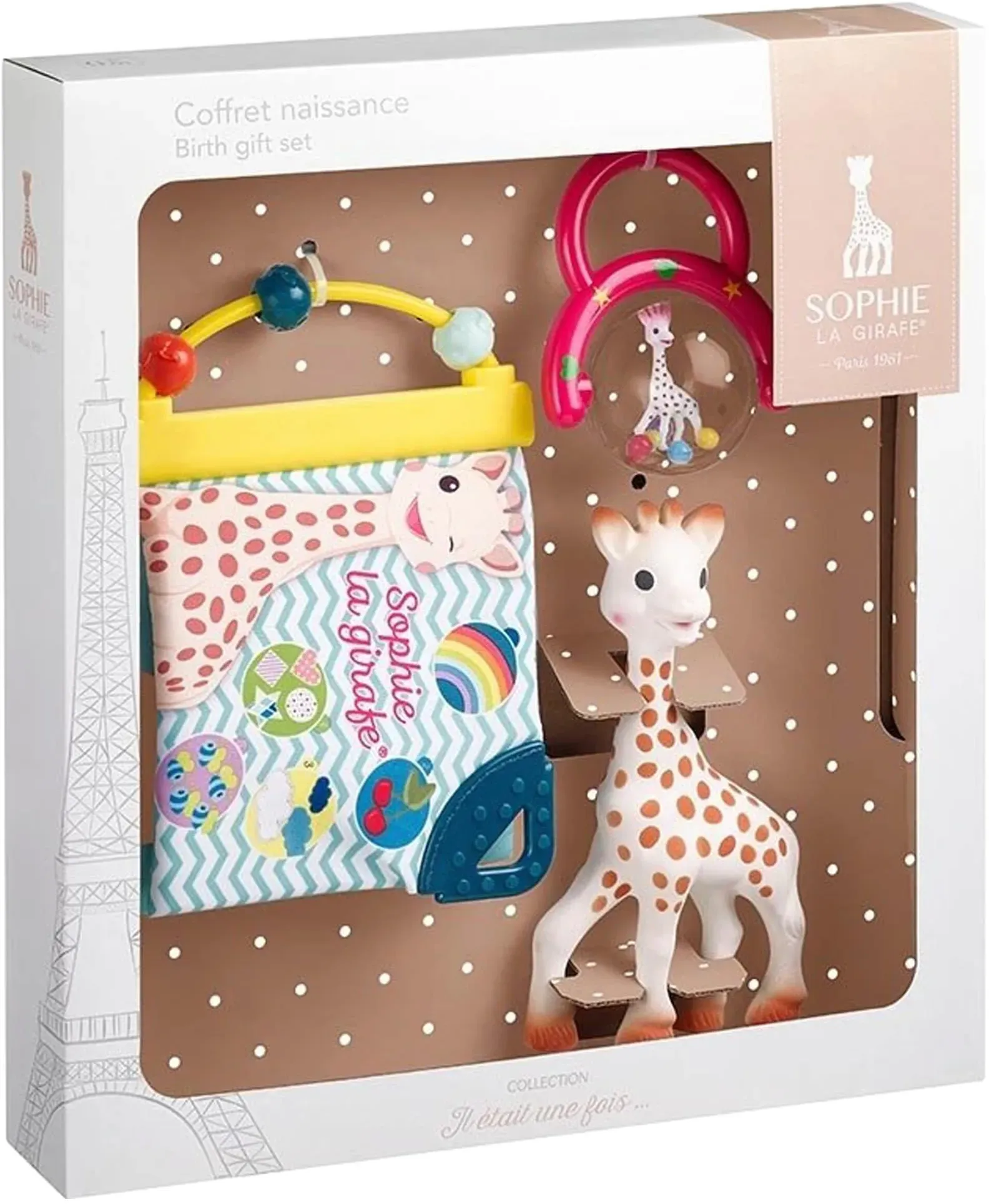 Sophie la girafe Geschenkset mit Greifling aus Naturkautschuk, Rassel & Stoffbuch, mehrfarbig