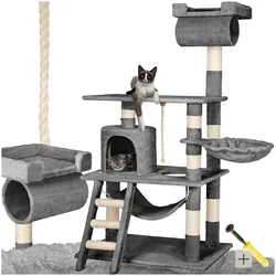 tectake® Kratzbaum, 141 cm, mit Katzenhaus, inklusive Spielkordel und Kippschutz