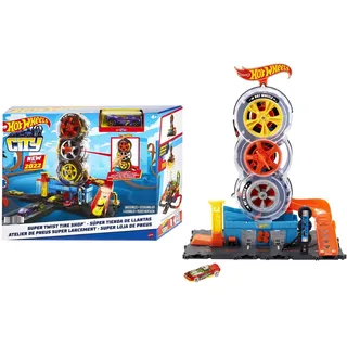 Hot Wheels City Super Reifenshop Spielset, mit Einer Schlüsseldrehung die Autos durch die Reifen schicken, enthält 1 Fahrzeug, Spielzeug Geschenk für Kinder von 4 bis 8 Jahren,
