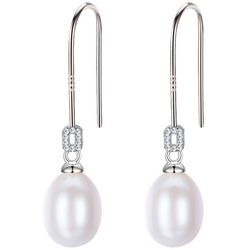 LÖB Perlenohrringe Ohrhänger 925 Silber Zuchtperlen Zirkonia Weiß, Damen Perlenohrringe Stab Strass Glitzer Steine Ohrringe Hängend Tropfen echte Oval Perlen Anhänger Brautschmuck Lang silberfarben