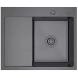 QLS Spülbecken mit Abtropffläche Edelstahl Graphit 58x48cm Siphon Seifenspender 11223 - Grau