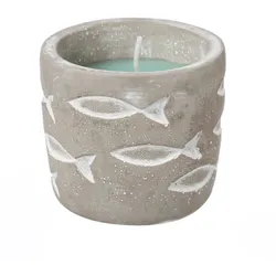 Duftkerze CITRONELLA - Echtwachs in maritimen Betontopf - Fischmuster - H: 7cm - hellblau