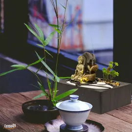 Lemodo Zimmerbrunnen mit LED-Beleuchtung und Buddha, Feng Shui Dekobrunnen mit kleinem ZEN Garten