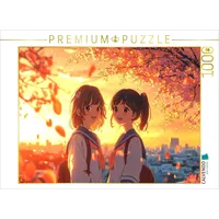 Calvendo Puzzle Shoujo Anime im Sonnenuntergang - Freundinnen in Schuluniform unter Kirschblüten 1000 Teile Lege-Größe 64x48cm Foto-Puzzle für glück