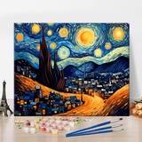 Malen nach Sternennacht Zahl Himmel und Vollmond über der Stadt Malen nach Zahlen für Erwachsene abstrakten Stil Malen nach Zahlen Kits auf Leinwand DIY Malen nach Zahlen für Anfänger 16x20inch