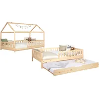 TICAA 2 in 1 Hausbett Bodenbett wandelbar mit abnehmbaren Dach Duo 90x200, 100x200 cm, 120x200 cm, 140x200 Weiß für Jungen & Mädchen mit Zusatzbett, Rausfallschutz & Rolllattenrost – aus Kiefer Massivholz