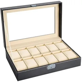 Intirilife Uhrenbox mit 12 Steckplätzen aus Holz 30x20x8 cm Schwarz
