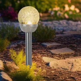 Expo Börse Solarlampe Erdspieß Außenleuchte Glaskugel Gartenlampe Steckleuchte, Kunststoff silber Edelstahl, Akku, LED warmweiß, H 34,5 cm, 4er Set