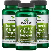 3x Swanson Kurkuma & Schwarzer Peffer | 60 Kapseln pro Behälter (insg. 180 Stück) | Tumeric Curcuma black Pepper | Nahrungsergänzungsmittel (3er Pack)