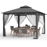 Amopatio 2.8x2.8 Garten Pavillon Wasserdicht Stabil Winterfest, Doppeldach Gartenpavillon mit Moskitonetz, Deluxe Patio Gazebo Wetterfest, Partyzelt Gartenlaube Metall für Pool Seite, Terrasse, Grau