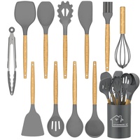 NAUDILIFE Küchenhelfer Set, (12-teilig),Silikon Kochgeschirr Set, Pfannenwender-Set mit Halter, antihaftbeschichtet, hitzebeständig, Küchenhelfer mit natürlichem Holzgriff,BPA-frei (Grau)