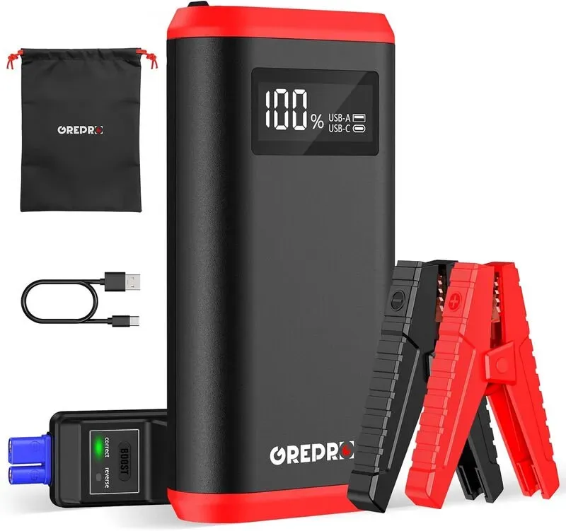 GREPRO Starthilfe Powerbank (bis zu 10.0L Benzin,8.0L Diesel), Auto Starthilfe Powerbank für 12V Starter Powerbank, Tragbare Auto Starthilfe mit LCD Bildschirm Leistungsanzeige,LED Taschenlampe