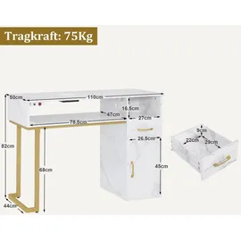 Barberpub Maniküretisch, Nageltisch mit Absaugung, Marmor-Weiß, 2491 - Weiß