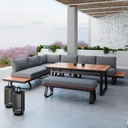 Dining-Loungeset Emma Grau Outdoorstoff/Kiefer+Abdeckung