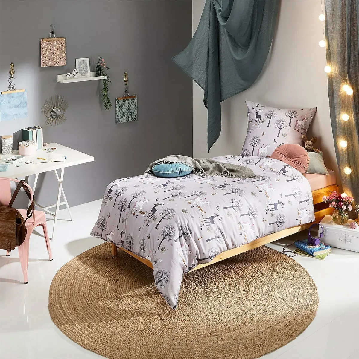 Lorena Mako-Satin Bettwäsche Einhorn 100x135 cm + 40x60 cm - lila;braun;grau