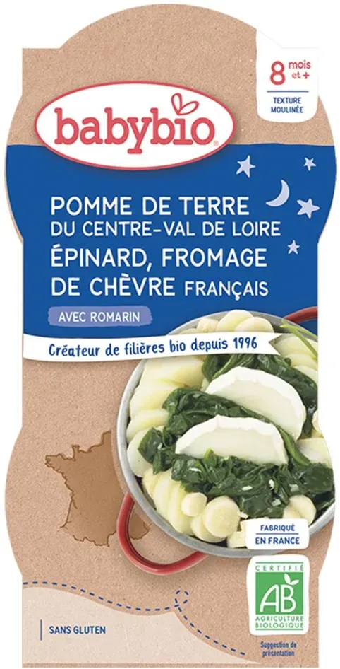 Babybio POMME DE TERRE DU CENTRE-VAL DE LOIRE EPINARD FROMAGE DE CHÈVRE FRANÇAIS dès 8 mois 400 g Aliment