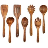 HAUSS SPLOE Kochbesteck-Set 7 Teakholz Küchenhelfer, Küchenzubehör Set Spaghetti-Löffel (Holzutensilien Holz Kochset Antihaft Hitzebeständig ohne Utensilienhalter, 7-tlg., Holzspatel, Utensilien-Set, Sieblöffel, Salatgabel, Kochutensilien), Massivholz Multifunktionales Holzlöffel Kochzubehör für kochen backen