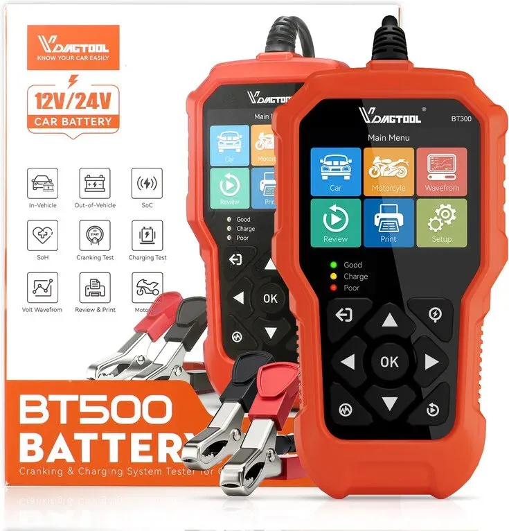 VDIAGTOOL BT500 Auto-Batterietester 6 V, 12 V, 24 V, 5-3000 CCA, Start-/Ladegerät- und Batterietester, Batterie-Schutz- und Startsystem für Auto, Lkw, Motorrad, SUV, ATV, Boot