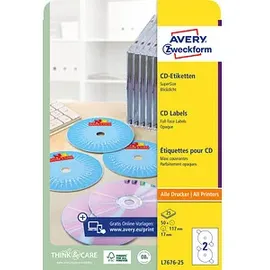 Avery Zweckform CD/DVD-Etiketten L7676-25 Weiß 117 mm 25 Blatt 50 Etiketten