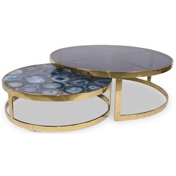 Casa Padrino Luxus Couchtisch Set Blau / Gold - 2 Runde Wohnzimmertische mit Achat Edelstein und Glasplatte - Luxus Qualität - Luxus Wohnzimmer Möbel