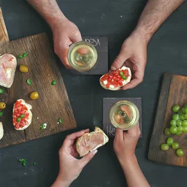 Relaxdays Schiefer Untersetzer 8er Set, mit Bambus Box, Getränkeuntersetzer, 10x10 cm, Schieferplatte Gläser, anthrazit