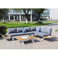 Mendler Aluminium Garten-Garnitur HWC-M62, Sitzgruppe Garten-/Lounge-Set Sofa, Holzoptik Gestell wei√ü, Polster hellgrau