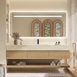 360Home Wandhängendes Waschbecken-Set - Sinterstein - Travertine look, mit Spiegel, Unterschrank, Ablage & Ablauf, mit Armaturenloch 120×55 cm【YT9865-1...