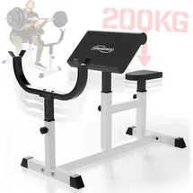 physionics Physionics® Curlbank - Sitz 5-Fach, Armlehne 4-Fach, Langhantelablage 6-Fach Höhenverstellbar, bis 200 kg – Hantelbank Bizepsbank, Scottbank