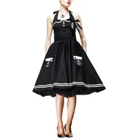 Rockabilly 50ziger Jahre Kleid Motley im Matrosentsil von Hell Bunny London mit Neckholdern schwarz - XS - XS