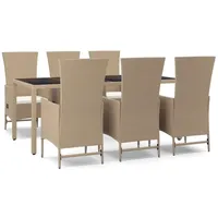 vidaXL 7-tlg. Garten-Essgruppe mit Kissen Beige Poly Rattan