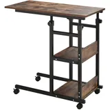 Homcom Beistelltisch mit Rollen, Höhenverstellbarer Schreibtisch mit 2 unteren Regalen, Sofatisch Laptoptisch, Betttisch, für Esszimmer