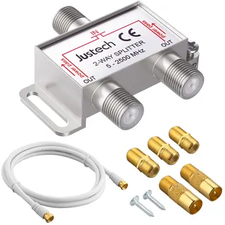 Justech 2-Fach TV Radio F-Stecker Adapter Kabel Antennen Verteiler SAT Splitter Metall TV-Verteiler inkl. Adapter + Kabel + 2 x F Stecker auf Koax Stecker + 3 x F Buchse auf Koax Kupplung