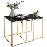 KADIMA DESIGN Couchtisch Set TRONTO: 2 Tische, Gold-Look, Metallgestell, schwarze Glas/MDF-Platte, 40/35x42/39x40/35 cm.