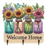 Generish Diamant Kunst Malerei Schlüsselhalter,Vase Diamond Painting Schlüsselbrett Holz mit 3 Schlüsselhaken, Schlüsselbrett Geeignet für Eingangsbereich, Haustür, Flur, Schlafzimmer, Büro