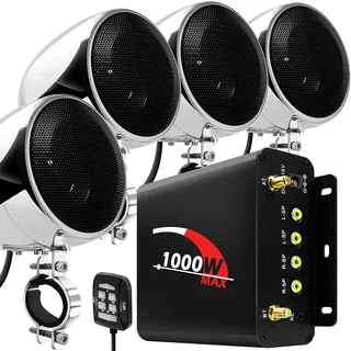 Aileap 1000W 4 Kanal Motorrad Verstärker 4 "Full Range Wasserdicht Bluetooth Motorrad Stereo Lautsprecher Audio System mit AUX USB SD FM Radio für 1-1.5" Lenker Harley Cruiser ATV UTV (Chrom, net)