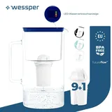 Wessper D2 Borosilikatglas-Filterkanne FutureFlow 3l | Wessper Wasserfilterkanne 3 l Wasserfiltersystem Blau | 10x Wasserfilterkartusche - Blau